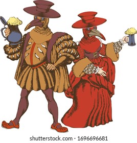 A chic pair of Renaissance costumes and hoods of a plague doctor with beer mugs - as a symbol of optimism in difficult times. Vector drawing.