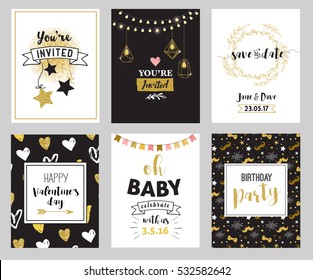 Chic Party glitter greeting cards and invitations. Gold hearts, speech bubbles, stars and other elements. Vector element, backgrounds. Golden, pink and blue sparkle, chic style