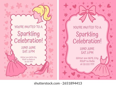 Chic pink birthday celebration invitation featuring decorative frame, bow, dress, shoes, perfume, and sparkling background with feminine playful style for festive events. Vector illustration.