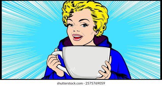 Chic and Playful Blonde Woman holding an Oversized Cup of Coffee or Tea in Vibrant Pop Art Style – Retro Comic Book Vintage Illustration Vector