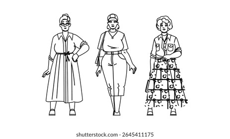 chic plus size woman fashion vector. trendy stylish, elegant confident, empowerment inclusive chic plus size woman fashion character. people black line pencil drawing illustration