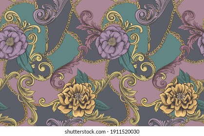 Chic print with flowers and gold chains and baroque elements. Vintage vector ornament. Luxurious seamless pattern. 