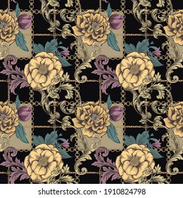 Chic print with gold flowers and chains and baroque elements on a black background. Vintage vector ornament. Luxurious seamless pattern. 