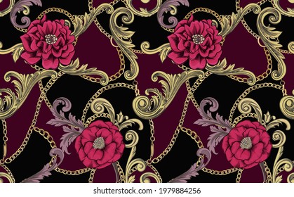 Chic print with red flowers and gold chains and baroque elements. Luxurious seamless pattern. 