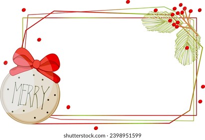 Chic rectangular frame. Vector illustration with hand drawn Christmas medallion with a red bow. Use to decorate greeting cards, invitations, etc.