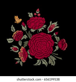 Chic red flowers. Embroidery. Bouquet of roses. Floral print.