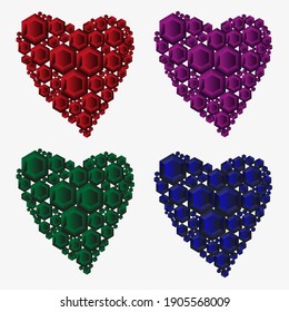 Chic rojo magenta verde y corazones azules de rhinestones sobre un fondo blanco. Isolar ilustración vectorial para el icono de invitación postal. 
