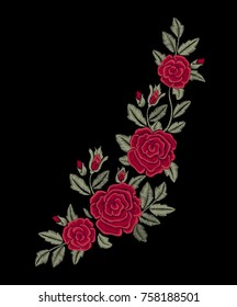 Chic red roses. Embroidered red flowers. Vector print. Fashion design.