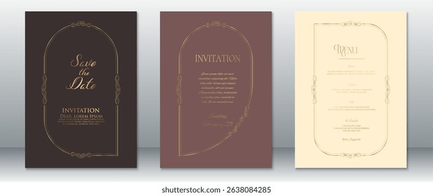 Chic and refined wedding invitation set featuring deep chocolate brown and mauve cards with gold accents, paired with a classic cream menu design. Includes Save the Date, invitation, and menu layout. 