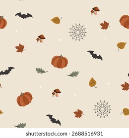 A chic, repeating vector pattern with bohemian fall and Halloween elements: pumpkins, bats, spiderwebs, mushrooms, and autumn leaves on a neutral background
