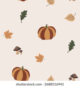 A chic, repeating vector pattern with bohemian fall and Halloween elements: pumpkins, bats, spiderwebs, mushrooms, and autumn leaves 