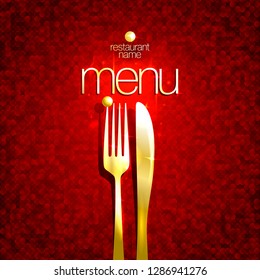 Chic restaurant menu vector card cover design, golden fork and knife, mosaic deep red backdrop