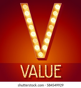 Chic retro vector light up font with glowing lamp. Gold letter V