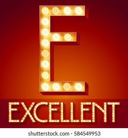 Chic retro vector light up font with glowing lamp. Gold letter E