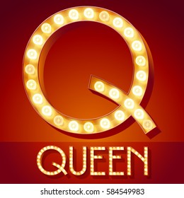 Chic retro vector light up font with glowing lamp. Gold letter Q