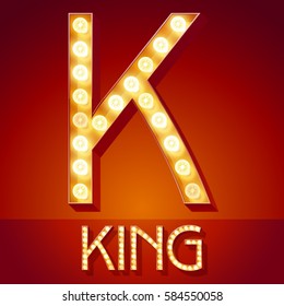 Chic retro vector light up font with glowing lamp. Gold letter K