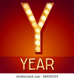 Chic retro vector light up font with glowing lamp. Gold letter Y