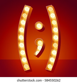 Chic retro vector light up font with glowing lamp. Gold symbol 2