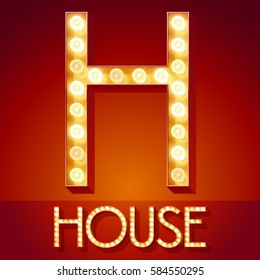 Chic retro vector light up font with glowing lamp. Gold letter H