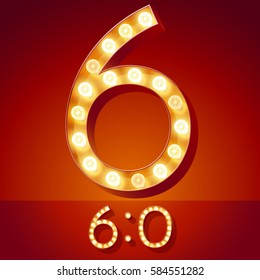 Chic retro vector light up font with glowing lamp. Gold number 6