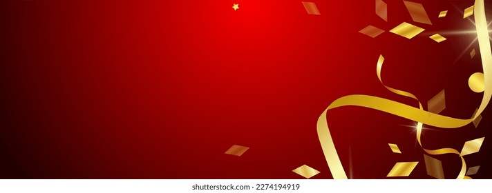 Chic Ribbon Festive Vector Panoramic Red Background. Happy Streamer Design. Confetti Falling Template. Golden Anniversary Poster.