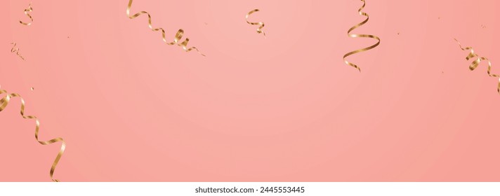 Chic Ribbon Swirl Vector Panoramic Pink Background. Anniversary Serpentine Template. Confetti Celebration Invitation. Yellow Carnival Poster.