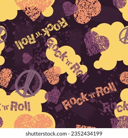 Chic rock and roll seamless pattern. Textured lettering, hearts, pacifist signs drawn with a brush, art forms, particles are randomly arranged on a dark background. Vector.