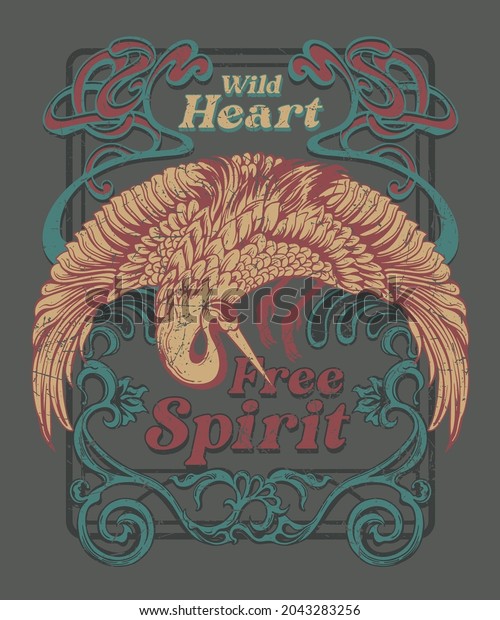 chic rock style
vintage poster design illustration included bird, frame and
ornaments with slogan print
design