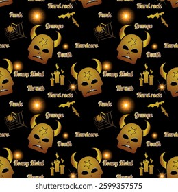 Chic rocker seamless pattern with skulls. Golden stylish skulls with horns, flashes of light, names of musical styles, Halloween attributes are chaotically arranged on a black background. Vector.