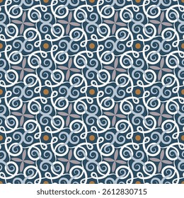 Chic seamless pattern with curls. Overlapping art forms, stripes, polygons, segments are grouped and arranged in a certain order. Vector. 