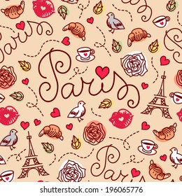 Chic seamless pattern with doodle Paris elements. Vector hand drawn illustration