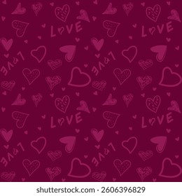 Chic seamless pattern with pink sketched hearts and "LOVE" typography on a rich purple background. Perfect for trendy digital designs, textiles, and stylish prints