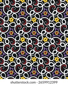 Chic padrão sem emenda com redemoinhos. Formas de arte sobrepostas, listras, polígonos, segmentos são agrupados e organizados em uma determinada ordem. Vetor. 