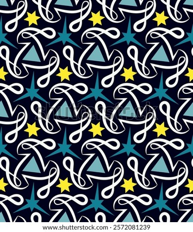 Chic seamless pattern with swirls. Overlapping art forms, stripes, polygons, segments are grouped and arranged in a certain order. Vector. 