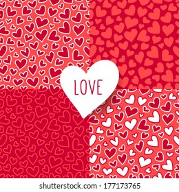 Chic seamless patterns with doodle hearts. Vector illustration. Valentines or Mothers day background. 