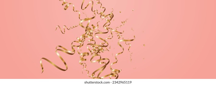 Chic Serpentine Celebrate Vector Panoramic Pink Background. Isolated Streamer Invitation. Confetti Abstract Plant. Yellow Swirl Branch.