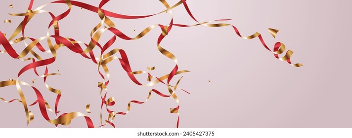 Chic Serpentine Festive Vector Panoramic Pink Background. Falling Confetti Illustration. Star Celebration Branch. Shiny Anniversary Plant.