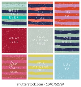 Chic set of lovely colorful name or gift tags. Cute girl power motivation cards, greeting cards. Christmas, holiday season, Valentine's vector template. Trendy stripes glitter confetti decor, text. 