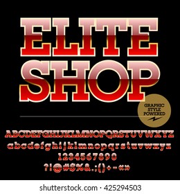 Chic set of red and golden alphabet letters, numbers and punctuation symbols. Vector emblem with text Elite shop