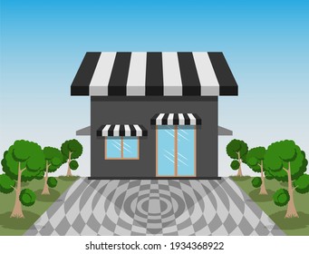 A chic shop building with views of the surrounding greenery and shady trees