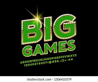 Chic Sign Big Games. Vector Green Diamond Pattern with Gold Alphabet Letters, Numbers and Symbols. Royal stylish Font.