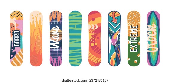 Chic And Sleek Snowboards Lined Up Isolated On White Background, Epitomizing Winter Sports Style And Adventure