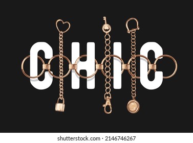 chic slogan with gold chain lace and pendants vector illustration on black background