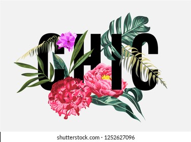 chic slogan with tropical flowers and palm leaf illustration