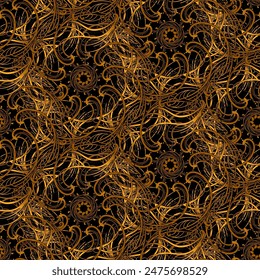 Chic, sophisticated, ornate circular repeating golden seamless pattern with art deco and art nouveau elements on a black background