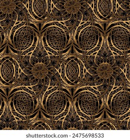 Chic, sophisticated, ornate circular repeating golden seamless pattern with art deco and art nouveau elements on a black background