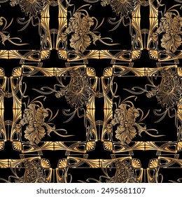 Chic, sophisticated, ornate circular repeating golden seamless pattern with art deco and art nouveau elements on a black background