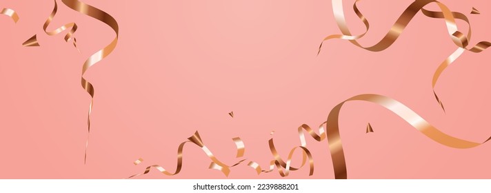 Chic Spiral Celebrate Vector Panoramic Pink Background. Swirl Confetti Design. Ribbon Party Plant. Golden Paper Poster.