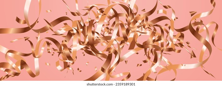 Chic Star Happy Vector Panoramic Pink Background. Decoration Confetti Branch. Spiral Swirl Poster. Yellow Celebration Template.