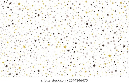 Um elegante padrão estrelado à noite com estrelas douradas, pretas e cinzentas espalhadas por um fundo branco nítido, criando um design celeste moderno perfeito para decoração, papelaria ou arte digital.
